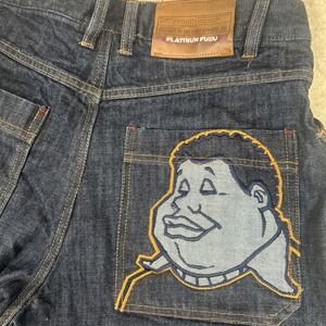 90'S FUBU Platinum Fat Albert Embroidered Dark Baggy Jeans Vintage Hip-Hop 34x34
